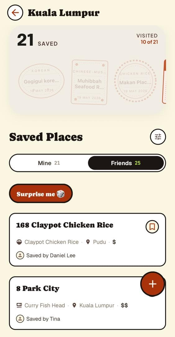 Saved places by area